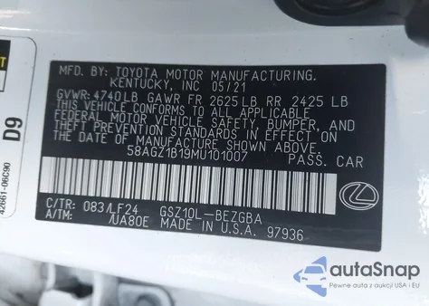 2021 Lexus Es 350 F Sport z USA, uszkodzony, nr VIN 58AGZ1B19MU101007